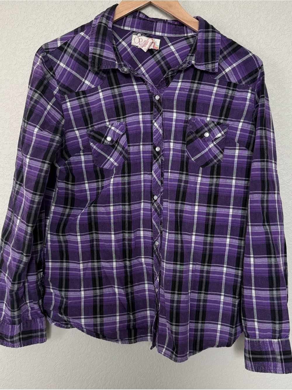 Ocean Pacific OP Purple Plaid Pearl Snap Western Shirt XL Y2K